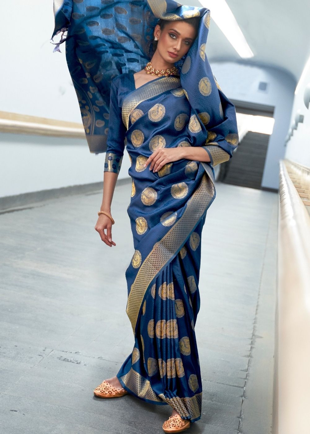 Aegean Blue Woven Banarasi Silk Saree with overall Butti