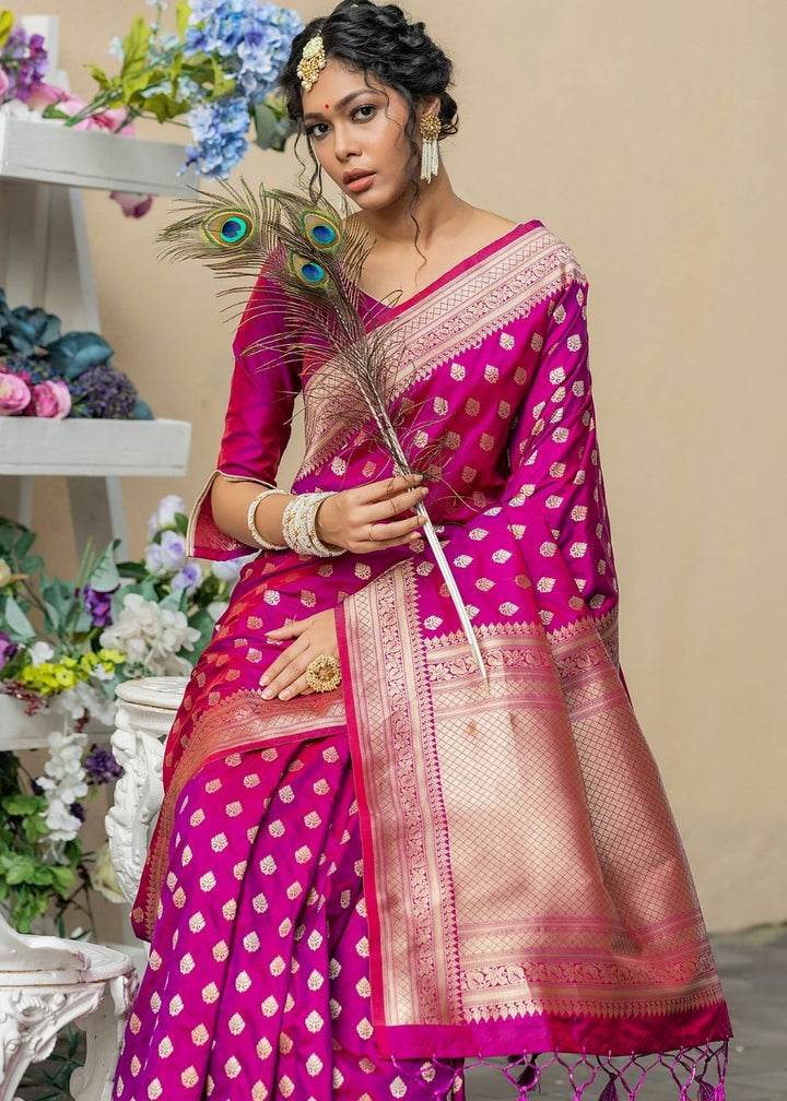 Magenta Purple Soft Banarasi Silk Saree with overall Butti