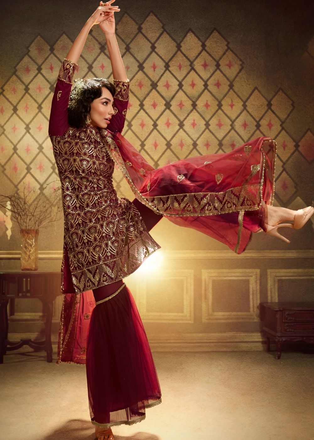 Berry Red Designer Soft Net Sharara Suit with overall Sequins work