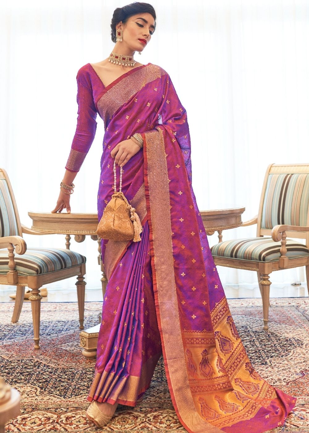 Violet Ultra Soft Kanjivaram Silk Saree with Zari  Border and Pallu