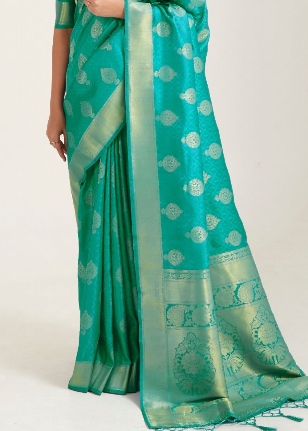Turquoise Green Zari Butta Woven Banasari Silk Saree