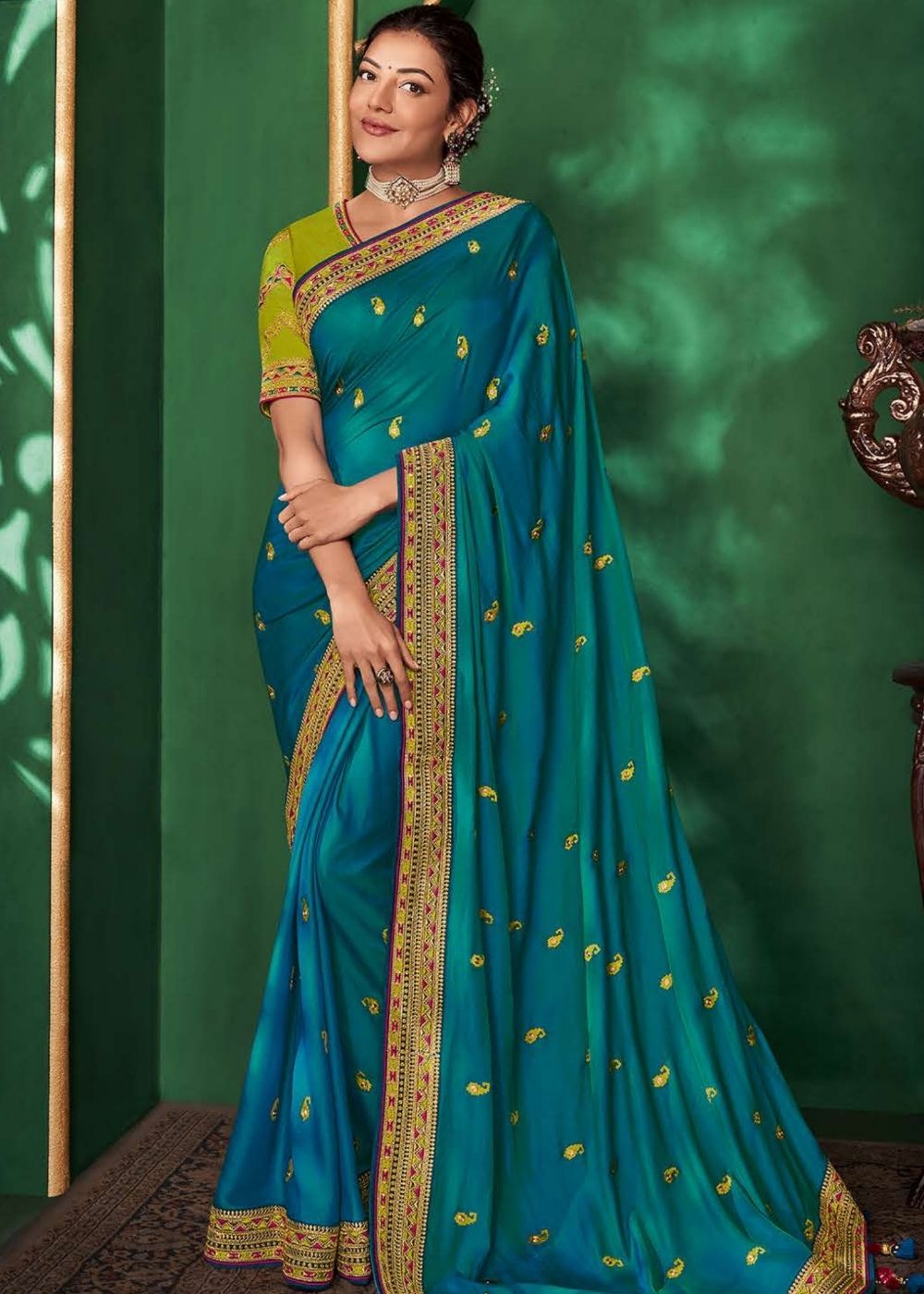 Olympic Blue Designer Silk Saree with Contrast Embroidered Blouse