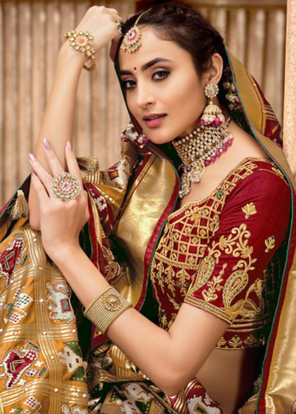 Metallic Gold Patola Silk Saree with Mirror Khatli and Cut-Dana work
