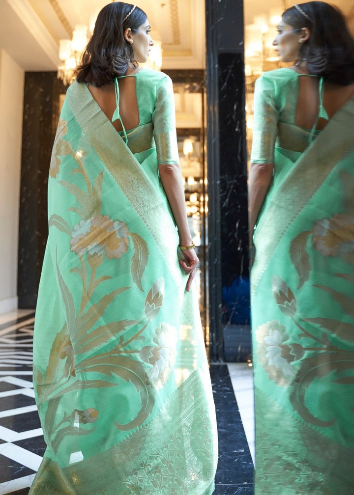 Fern Green Zari Woven Linen Silk Saree