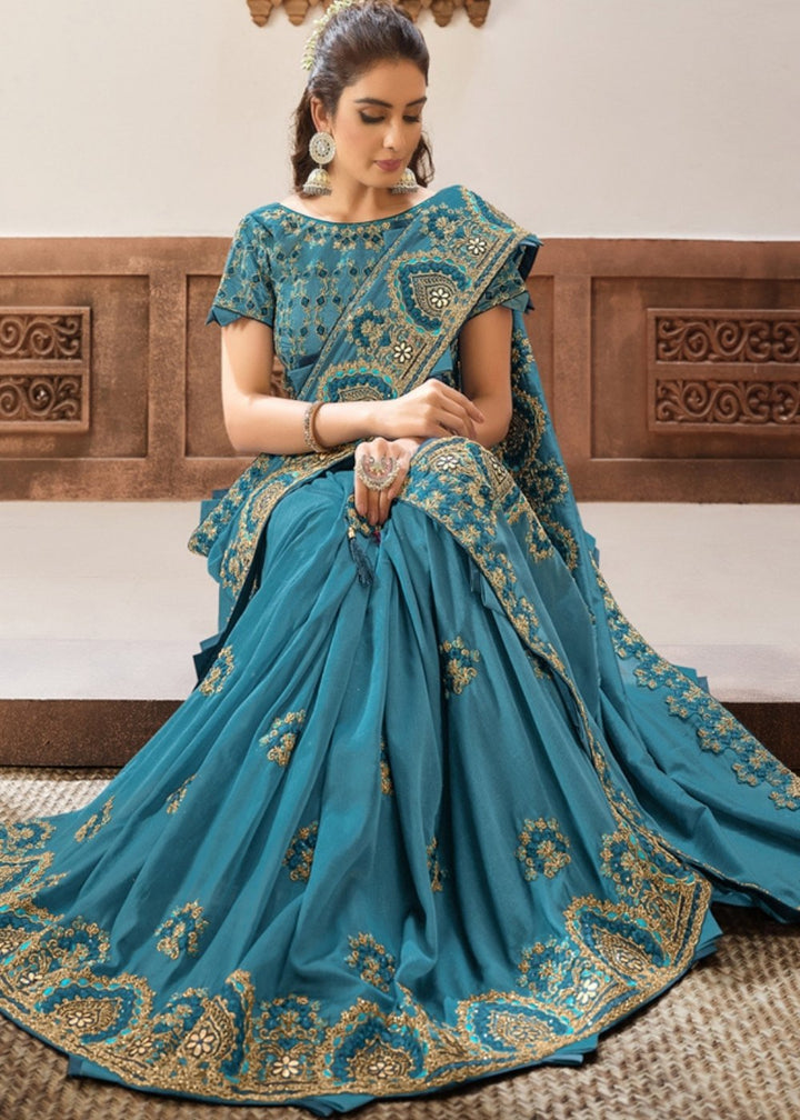 Steel Blue Silk Georgette Saree with Gota, Cord and Resham Embroidery