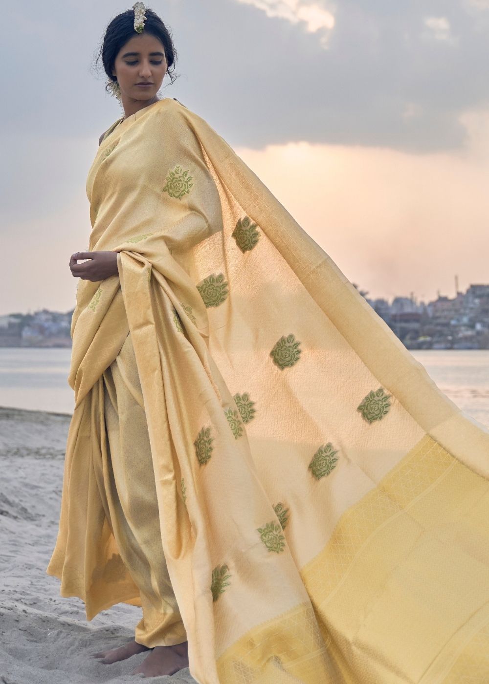 Saffron Yellow Linen Silk Saree with Zari Woven Butti overall