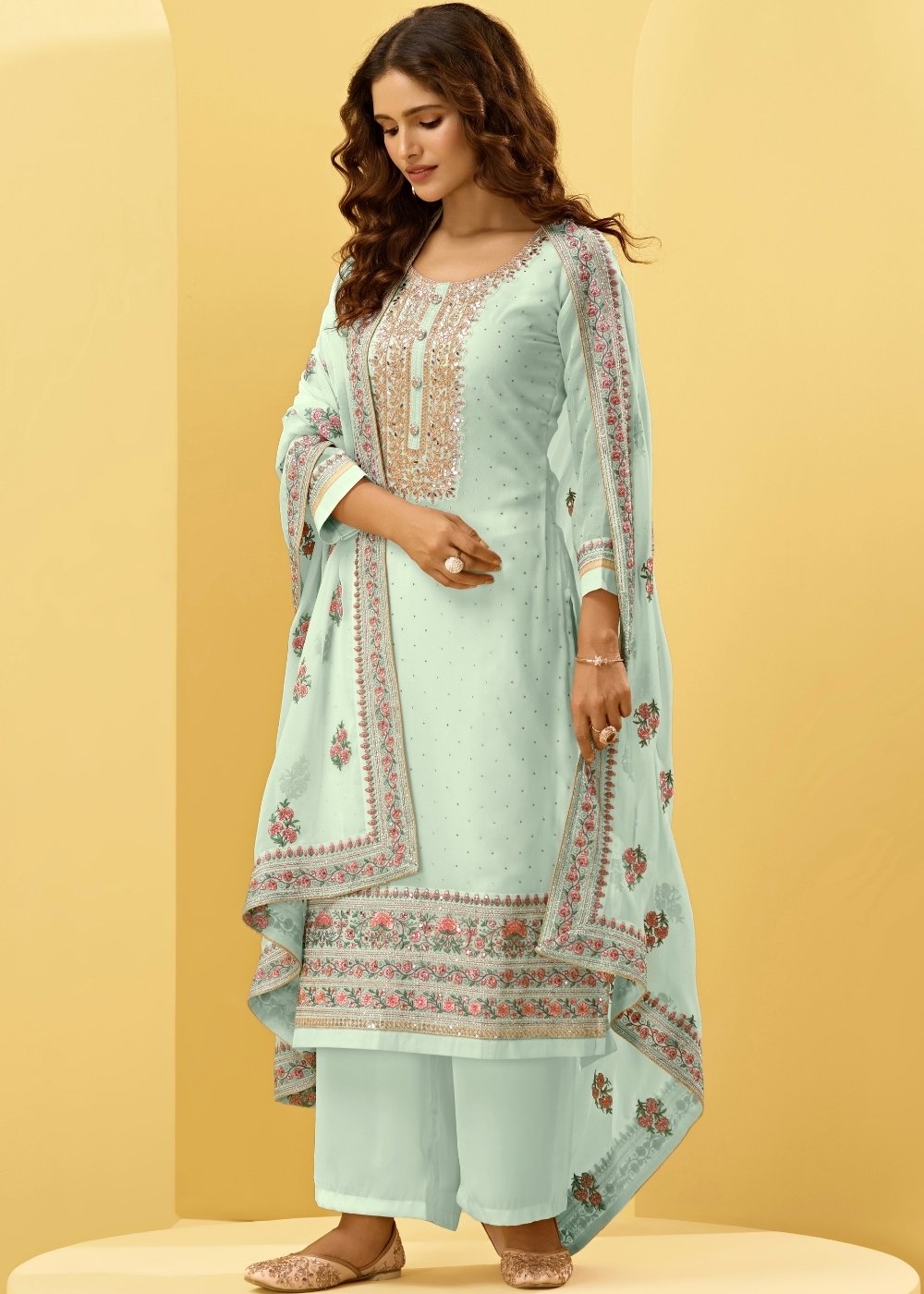 Misty Teal Green Georgette Salwar Suit with Thread, Zari & Cording Embroidery work