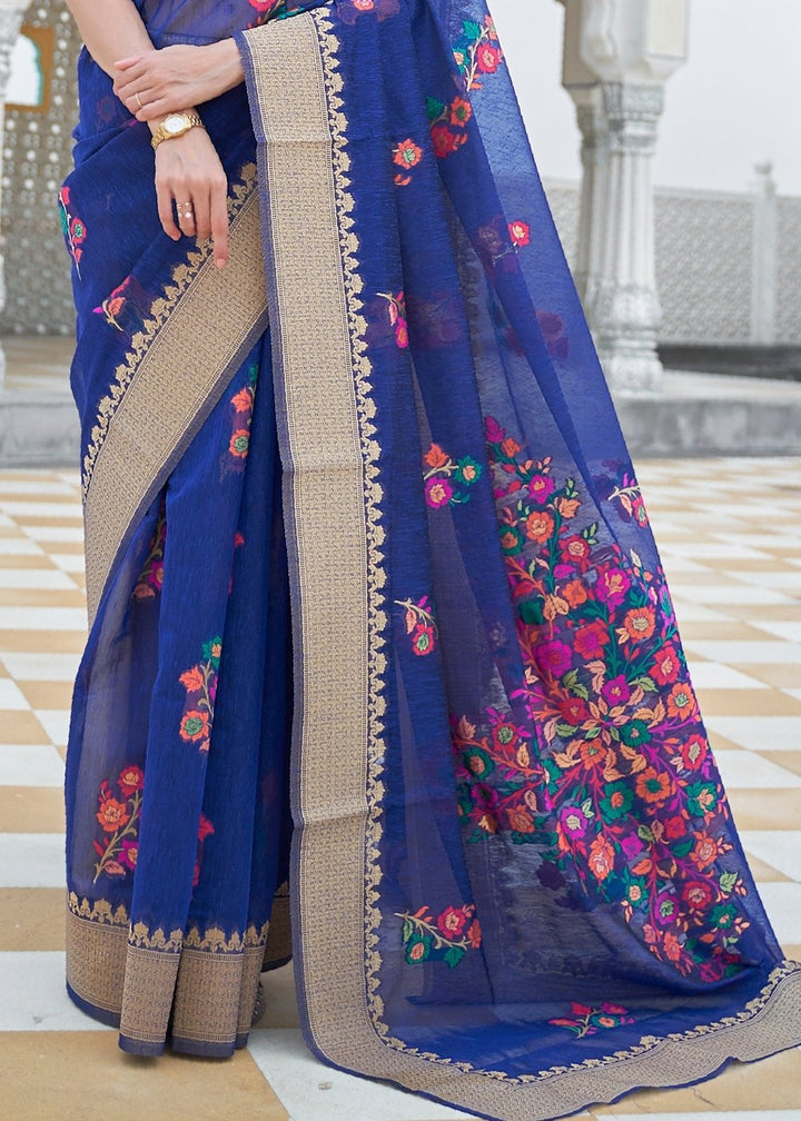 Lapis Blue Floral Embroidered Linen Silk Saree