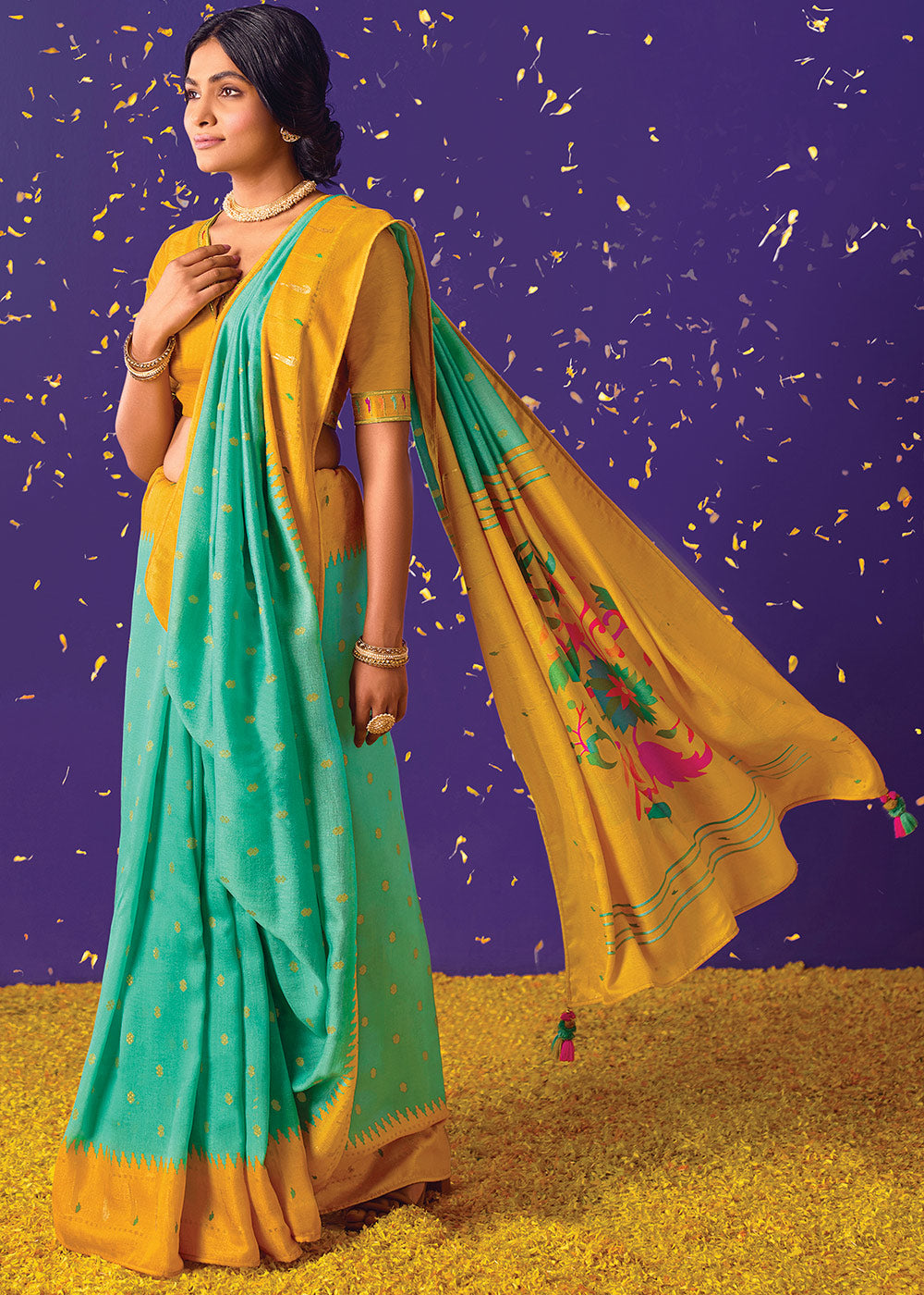 Green & Yellow Printed Paithani Silk Saree with Embroidered Blouse