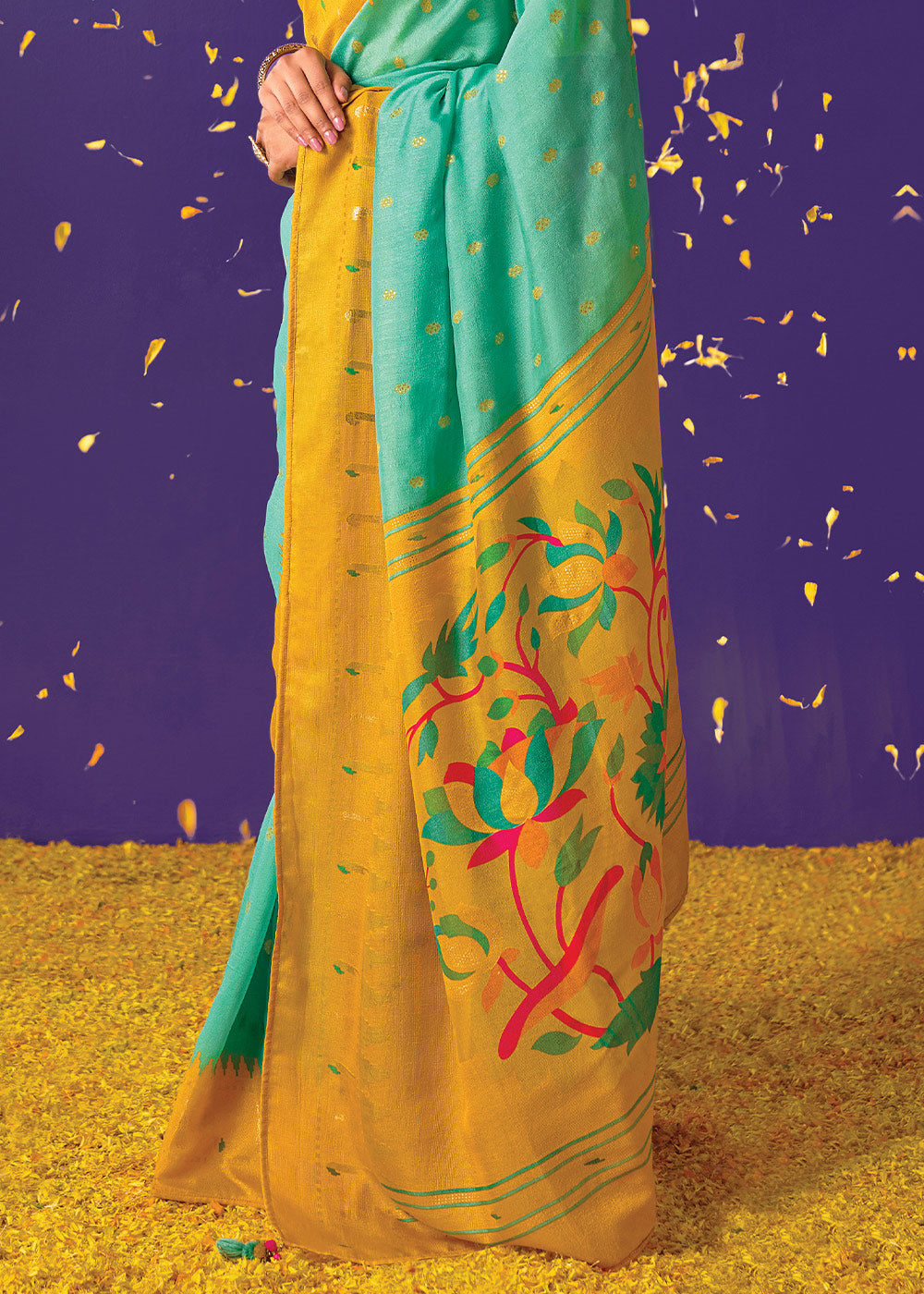 Green & Yellow Printed Paithani Silk Saree with Embroidered Blouse
