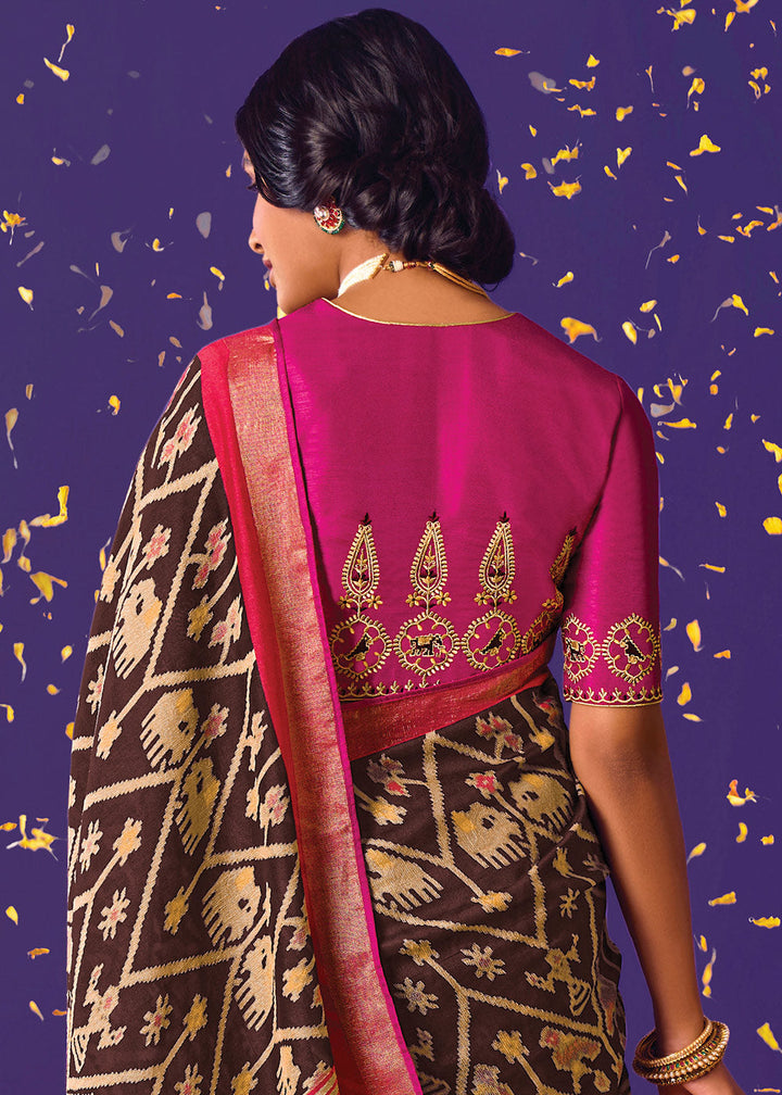 Chocolate Brown Printed Paithani Silk Saree with Embroidered Blouse