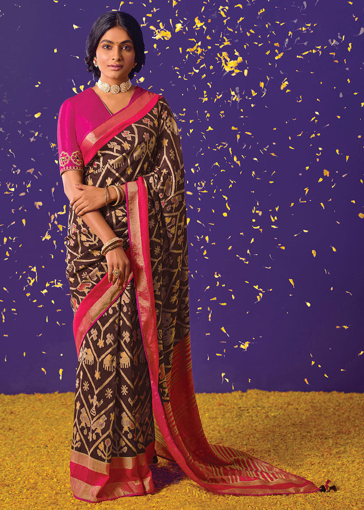 Chocolate Brown Printed Paithani Silk Saree with Embroidered Blouse