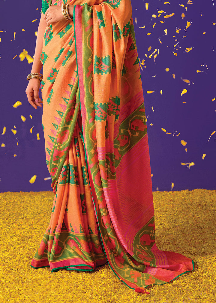 Orange & Pink Printed Paithani Silk Saree with Embroidered Blouse