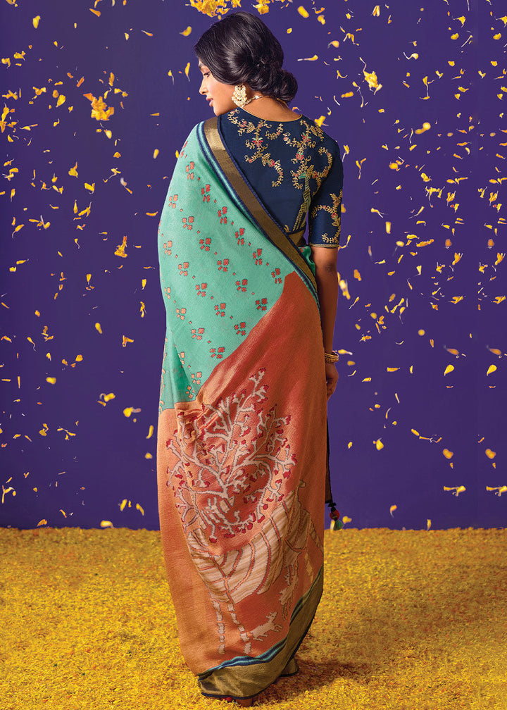Blue & Orange Printed Paithani Silk Saree with Embroidered Blouse