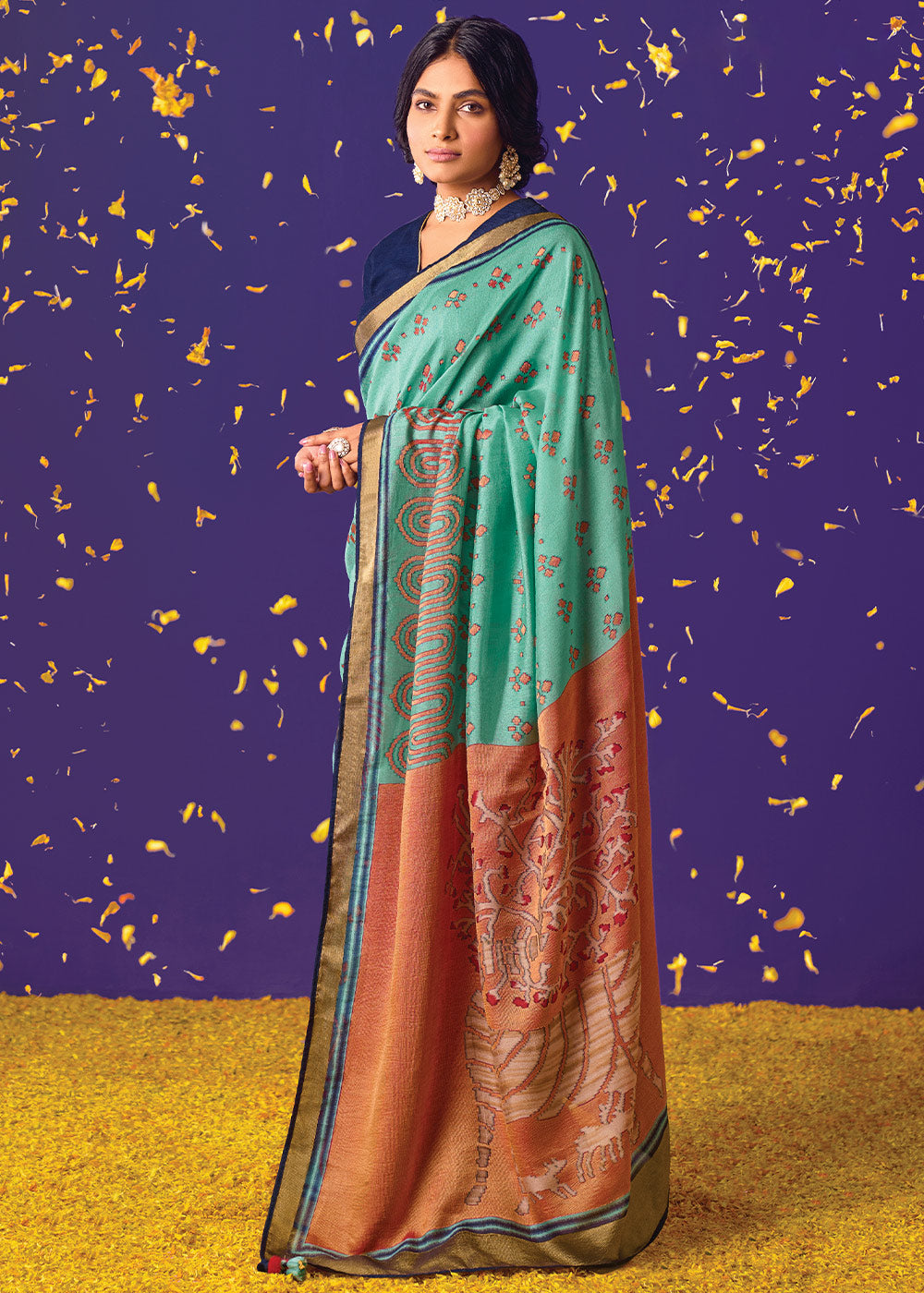 Blue & Orange Printed Paithani Silk Saree with Embroidered Blouse