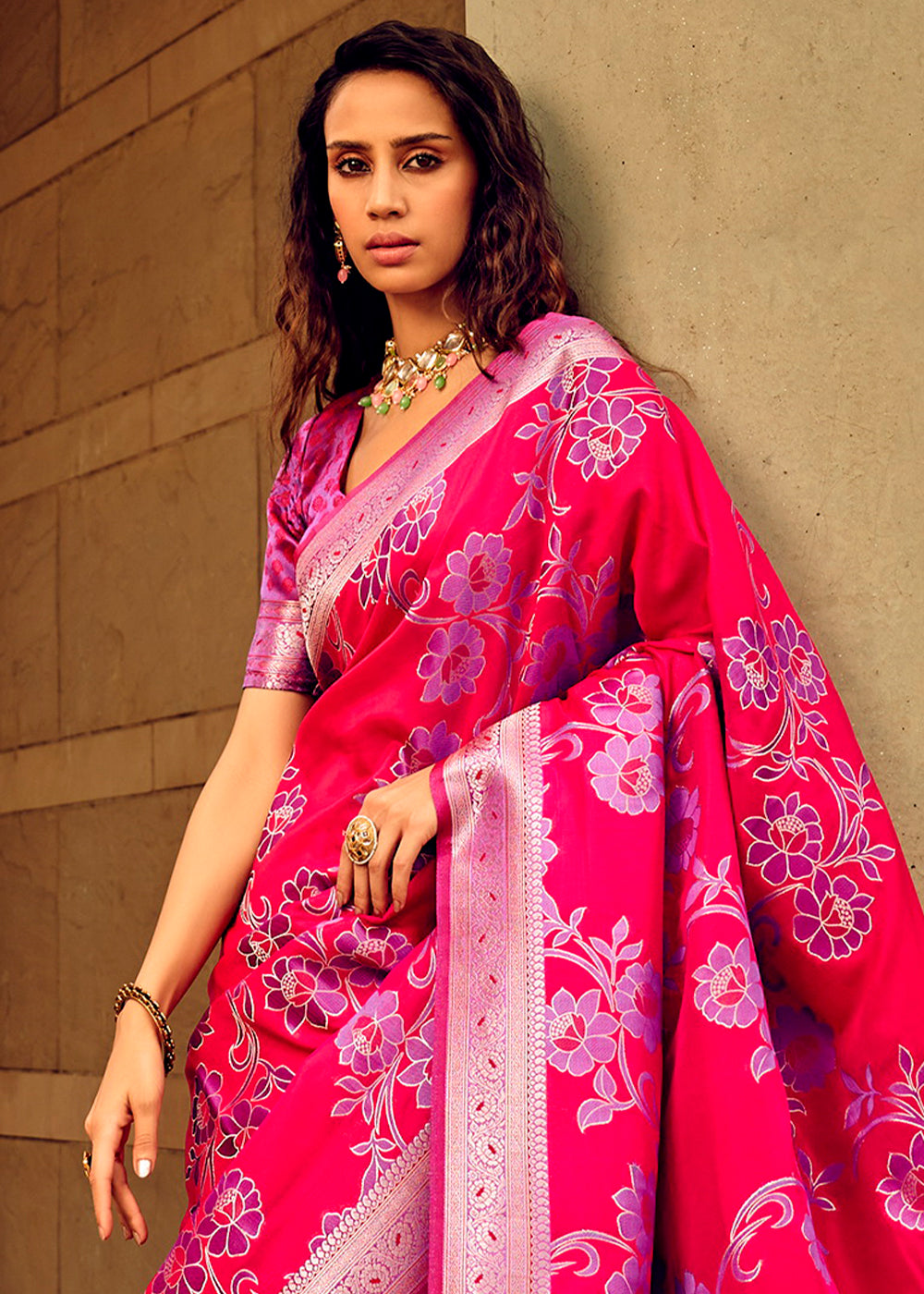 Pink & Purple Zari Woven Satin Silk Saree