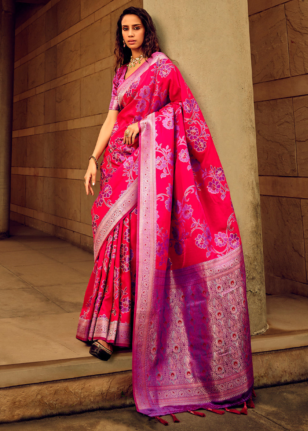 Pink & Purple Zari Woven Satin Silk Saree