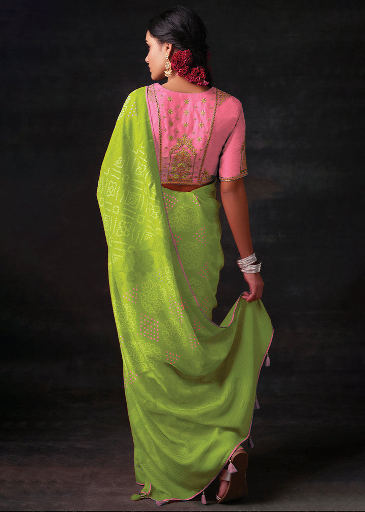Chartreuse Green Bandhani Print Soft Silk Saree with Contrast Blouse