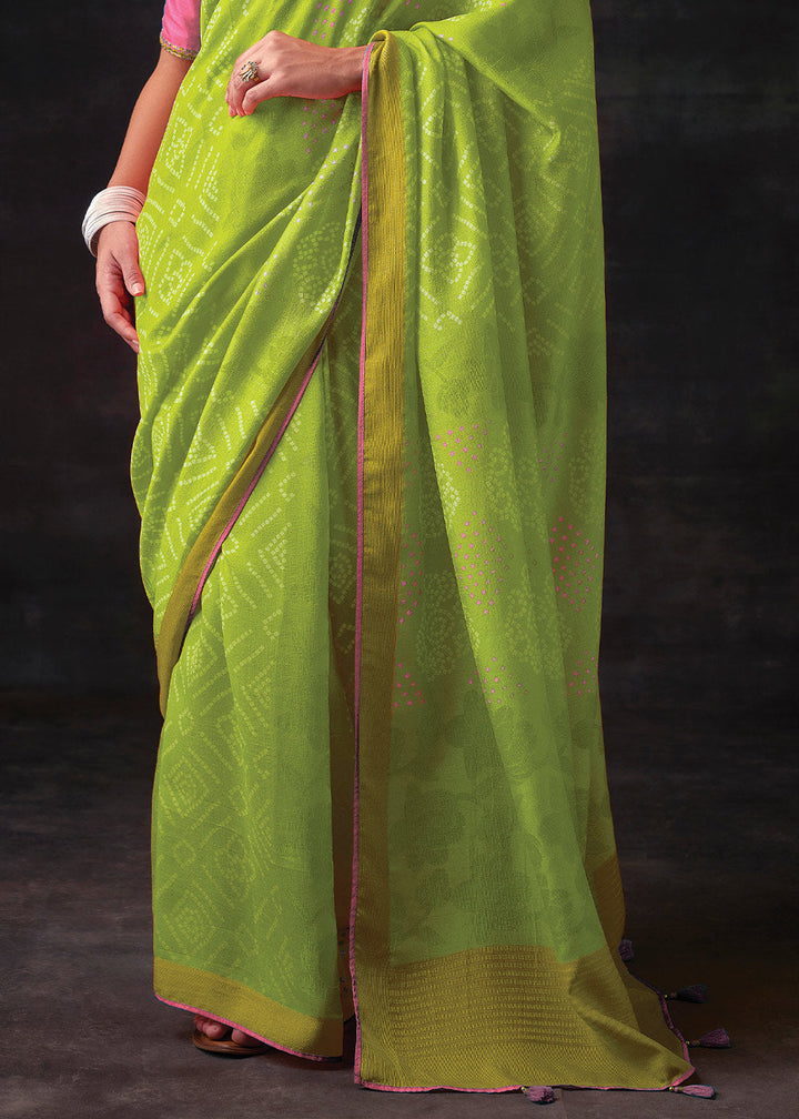 Chartreuse Green Bandhani Print Soft Silk Saree with Contrast Blouse