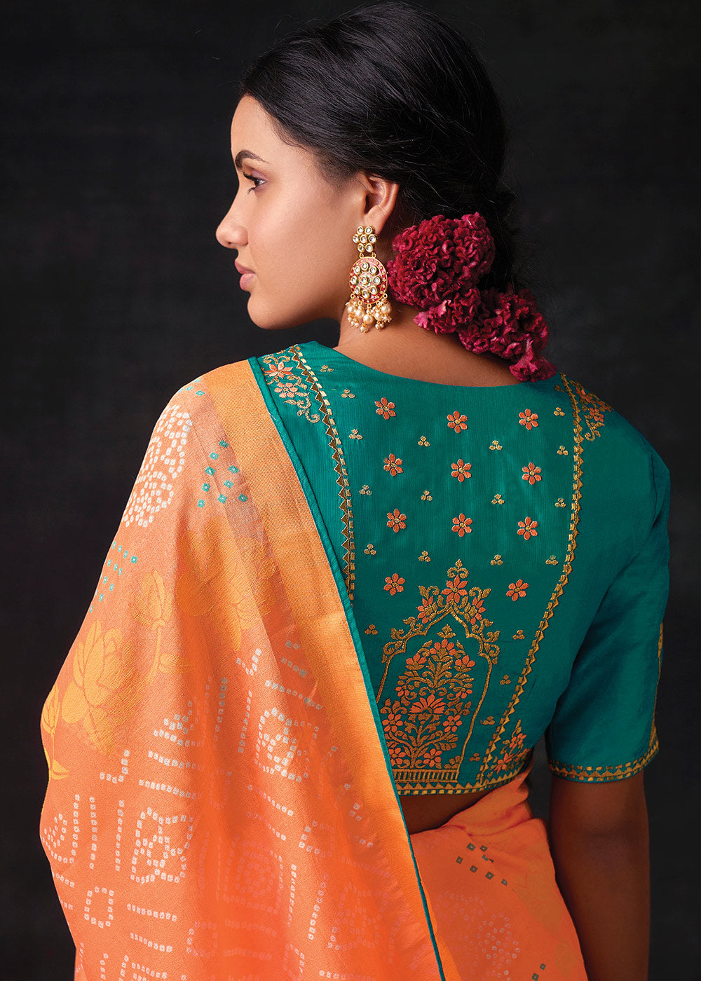 Sunrise Orange Bandhani Print Soft Silk Saree with Contrast Blouse
