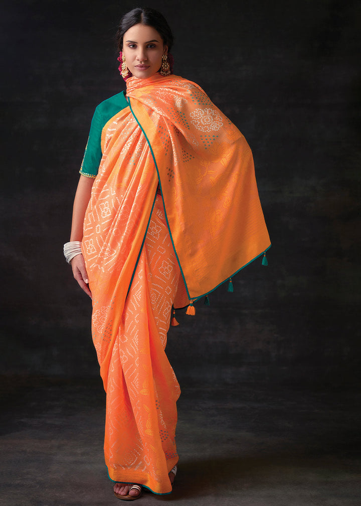 Sunrise Orange Bandhani Print Soft Silk Saree with Contrast Blouse