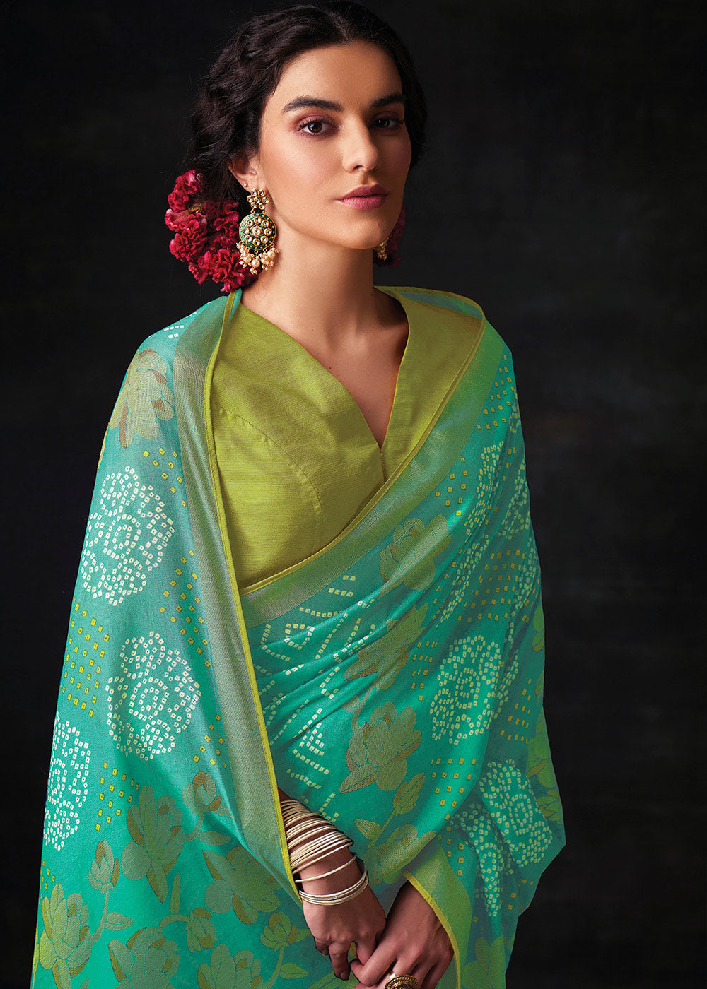 Light Turquoise Blue Bandhani Print Soft Silk Saree with Contrast Blouse