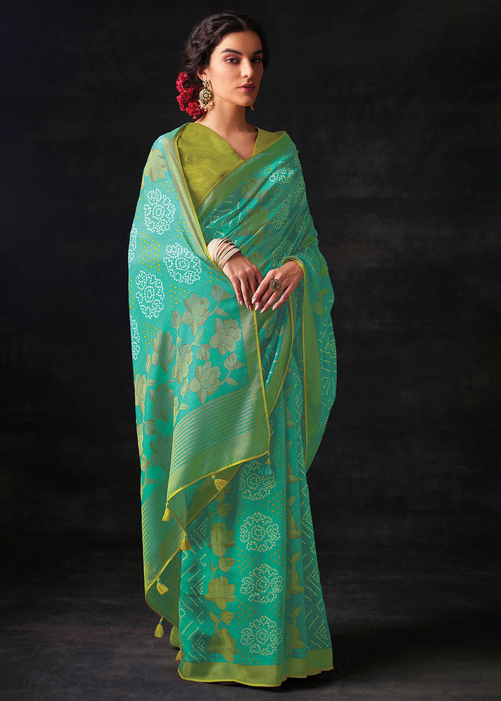 Light Turquoise Blue Bandhani Print Soft Silk Saree with Contrast Blouse