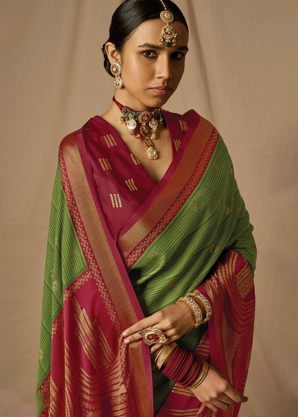 Green & Red Woven Soft Silk Saree