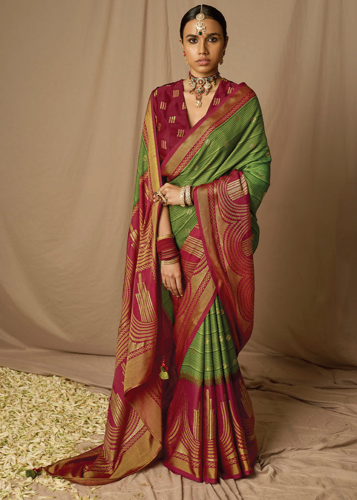 Green & Red Woven Soft Silk Saree