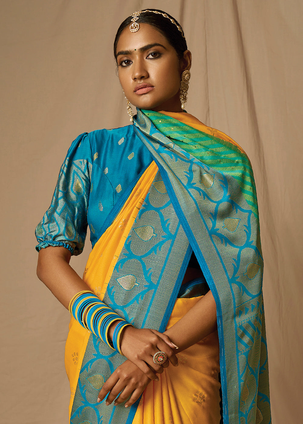 Yellow & Blue Woven Soft Silk Saree
