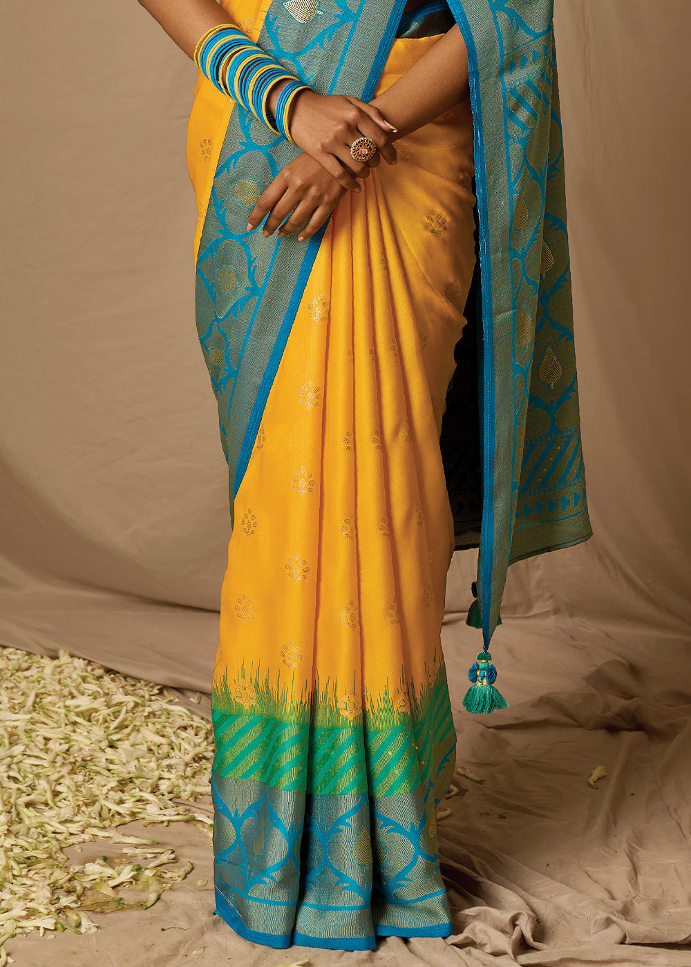 Yellow & Blue Woven Soft Silk Saree