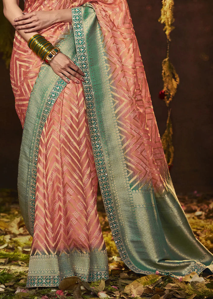 Salmon Pink Zari Weaving Georgette Silk Saree with Embroidery Designer Blouse