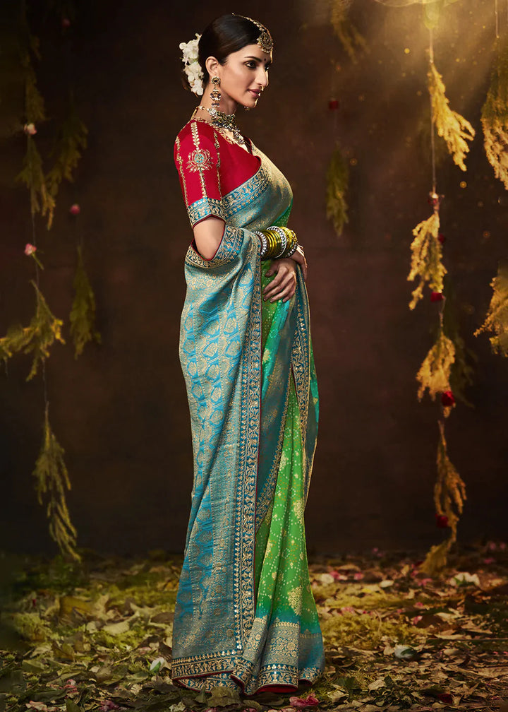 Light Green Zari Weaving Georgette Silk Saree with Embroidery Designer Blouse