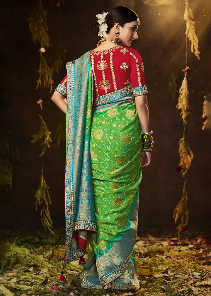 Light Green Zari Weaving Georgette Silk Saree with Embroidery Designer Blouse