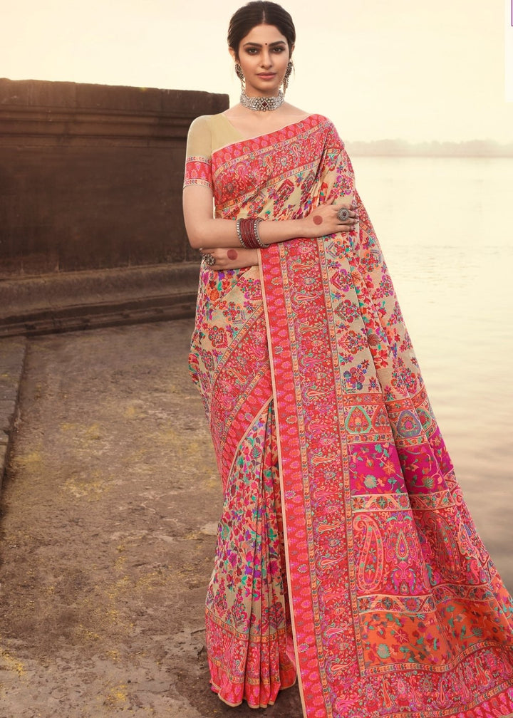 Light Tussar Brown Banarasi Kora Silk Saree with Pashmina Weaving & Zari Border Pallu