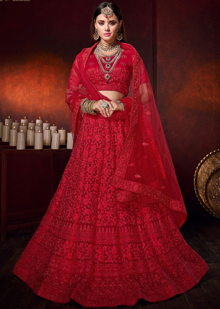 Scarlet Red Net Lehenga Choli with Sequence and Thread work