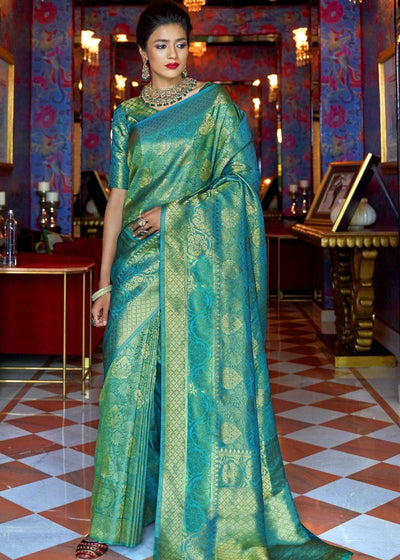 Turquoise Blue and Golden Blend Woven Kanjivaram Soft Silk Saree