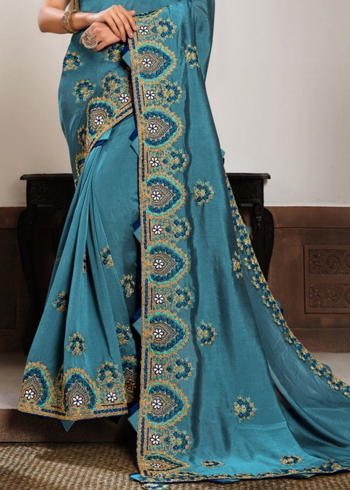 Steel Blue Silk Georgette Saree with Gota, Cord and Resham Embroidery