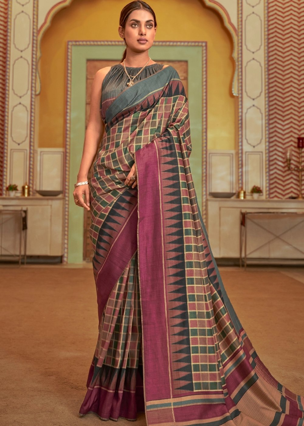 Brown & Purple Designer Checkered Silk Saree