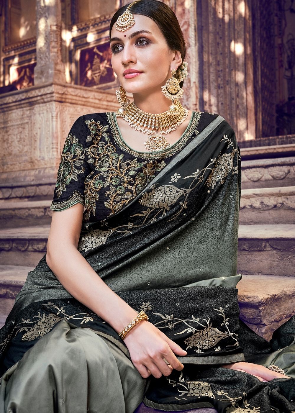 Pebble Black Banarasi Silk Saree with Embroidered Silk Blouse
