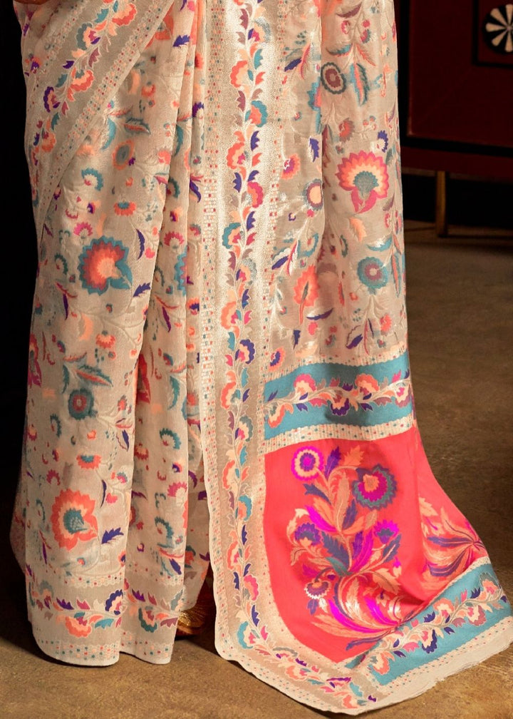 Daisy White Banarasi Jamawar Woven Silk Saree