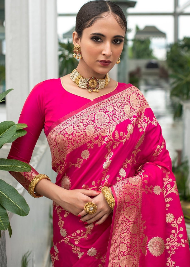 Magenta Pink Soft Banarasi Silk Saree with Floral Zari work