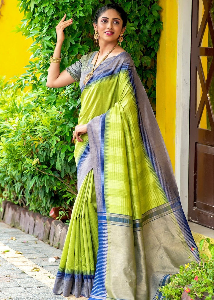 Mint Green Zari Weaving Silk Saree with Tassels on Pallu