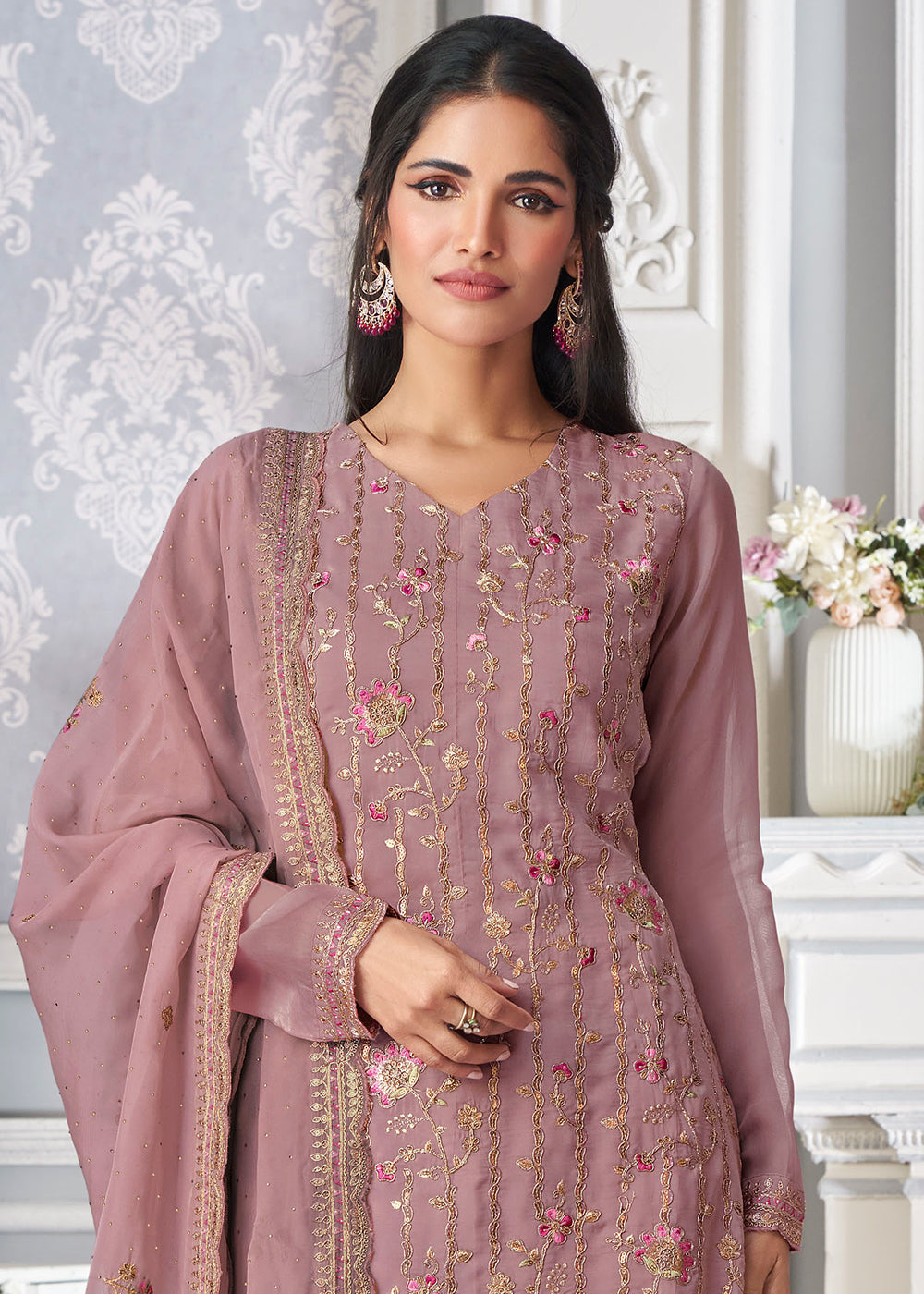 Opera Mauve Purple Organza Silk Embroidered Salwar Suit