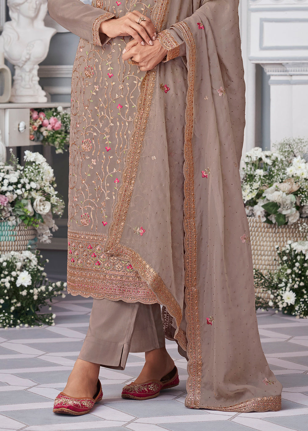 Elephant Grey Organza Silk Embroidered Salwar Suit