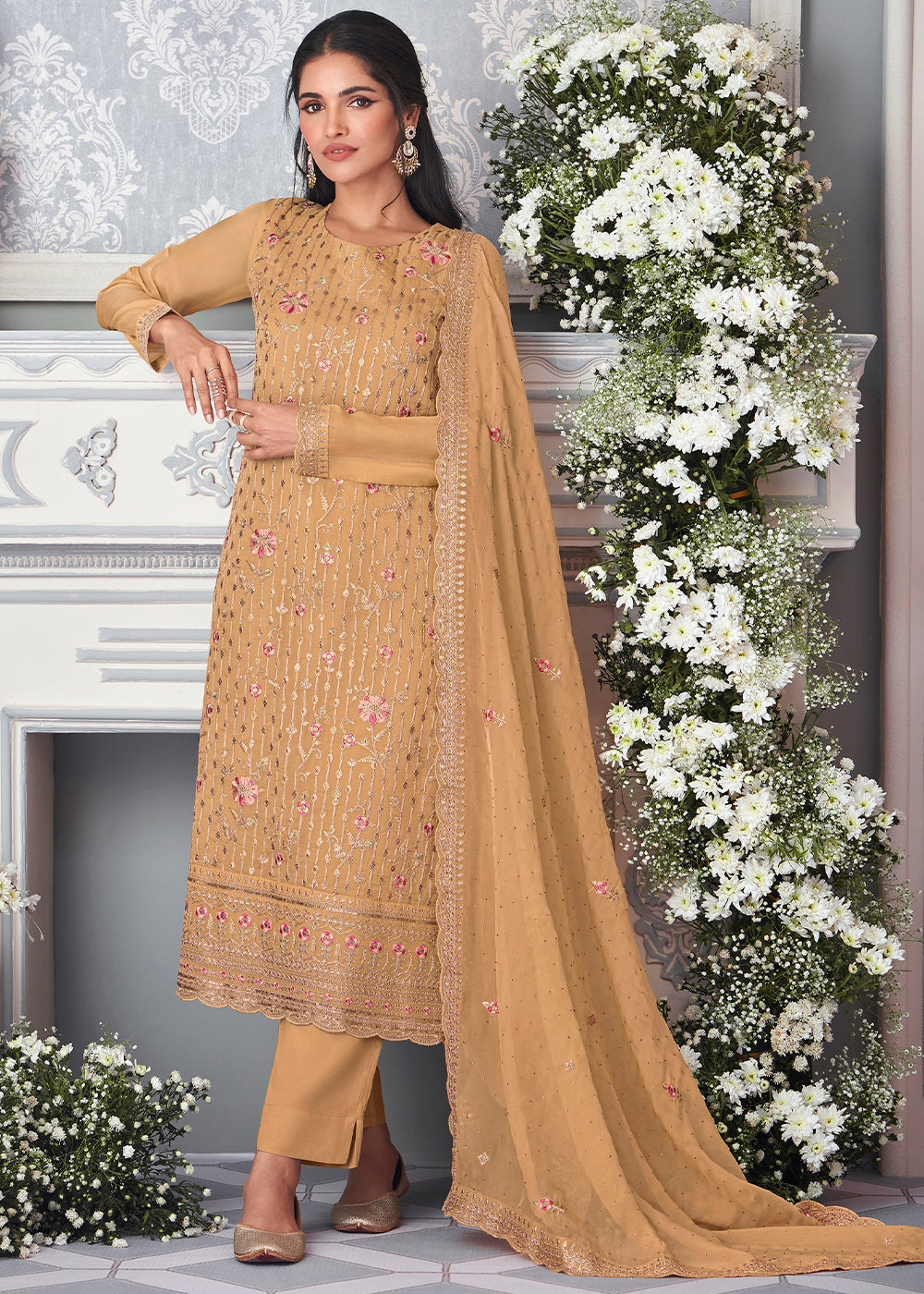 Sepia Yellow Organza Silk Embroidered Salwar Suit