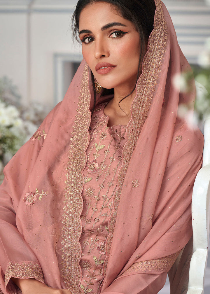 Puce Pink Organza Silk Embroidered Salwar Suit