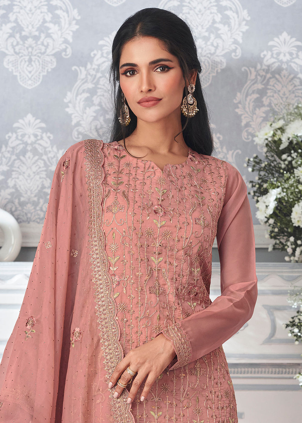 Puce Pink Organza Silk Embroidered Salwar Suit