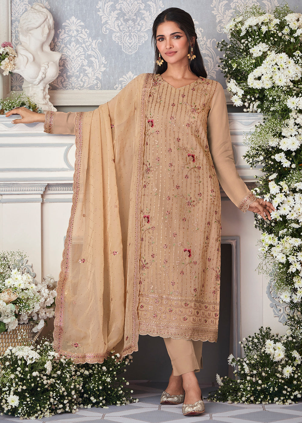 Tan Brown Organza Silk Embroidered Salwar Suit