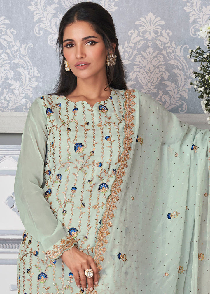 Coral Blue Organza Silk Embroidered Salwar Suit